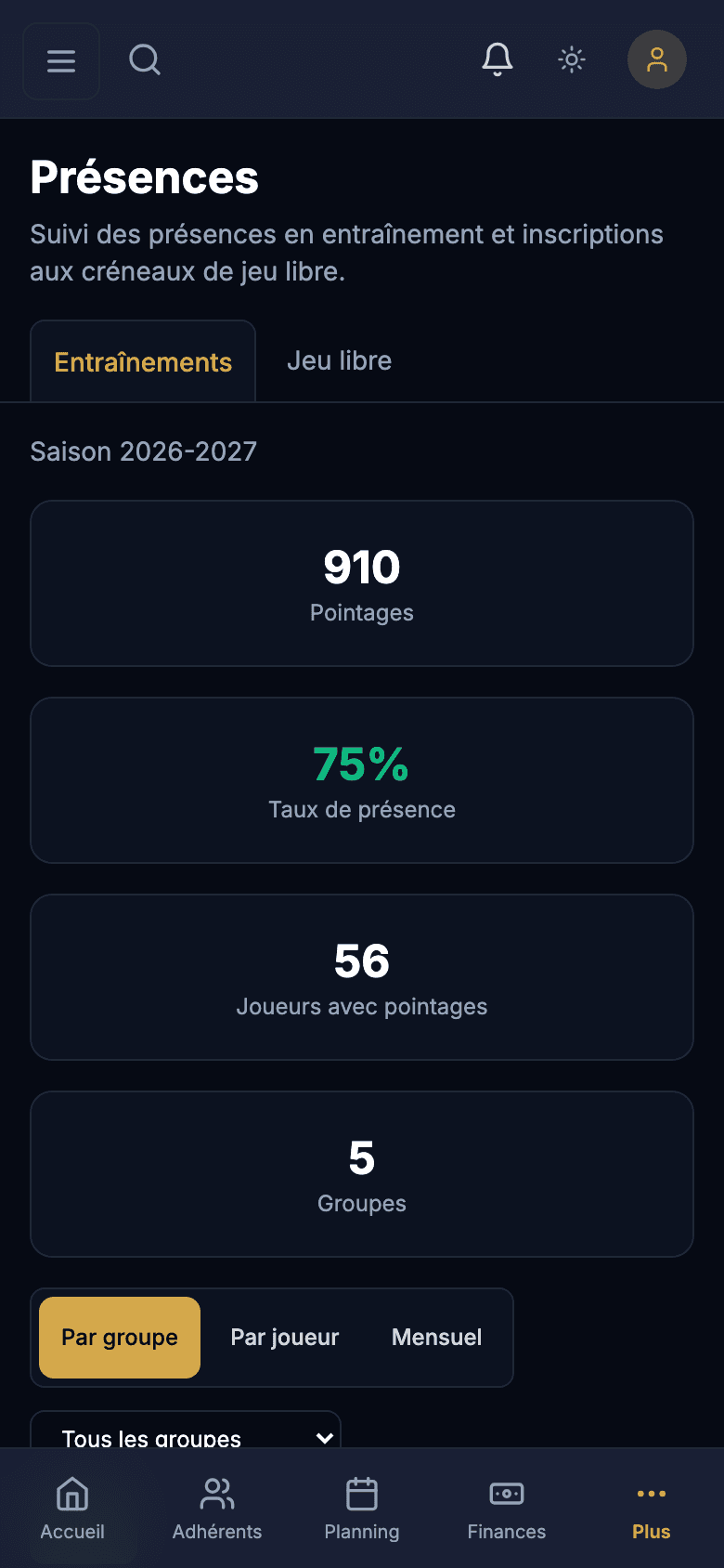Écran de prise de présences sur téléphone, liste des joueurs d'un créneau
