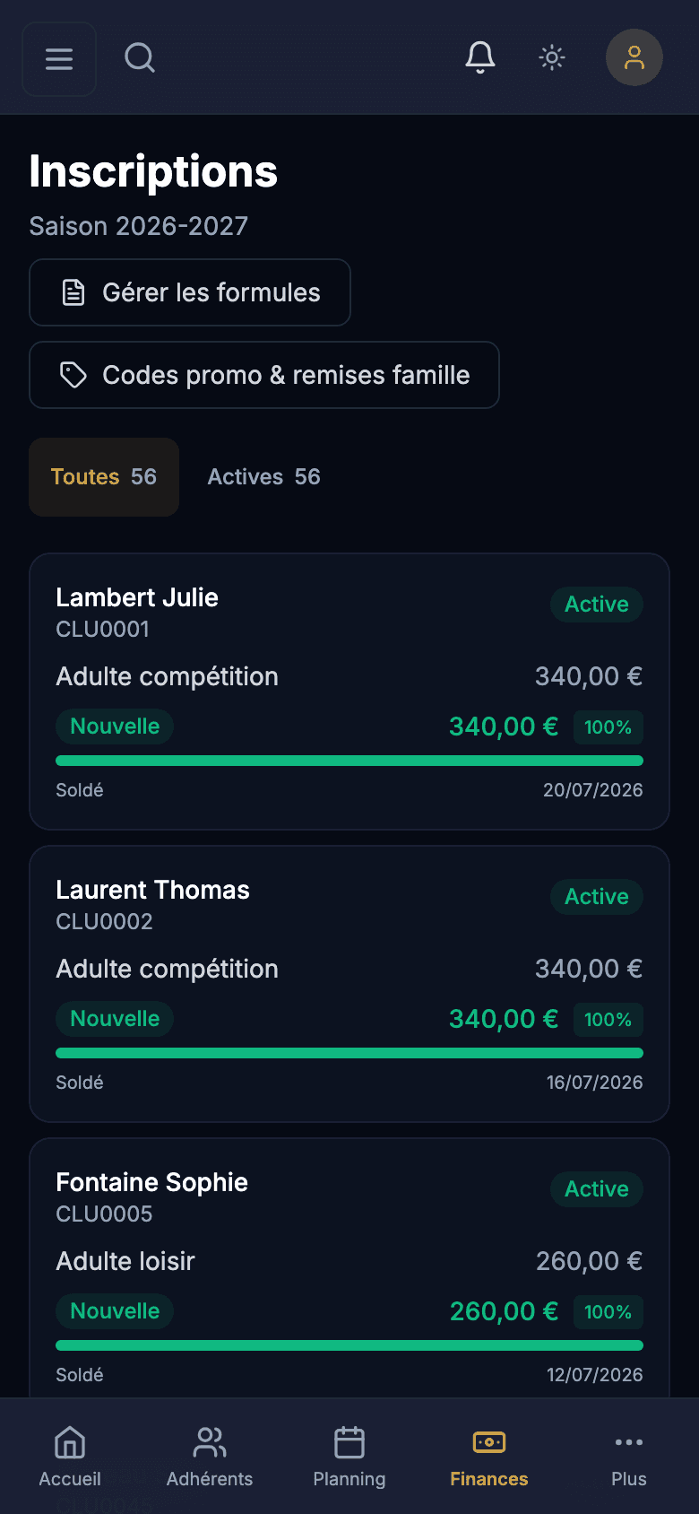 Liste des inscriptions de la saison avec état des paiements et échéanciers